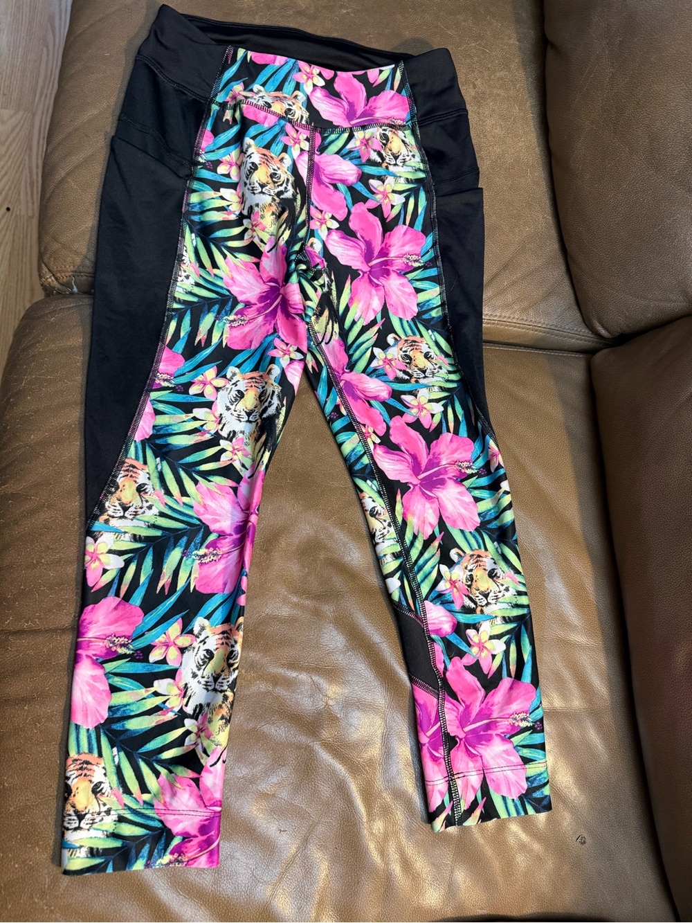 Avia Girls' Black Leggings with Pink Tropical Floral Panels